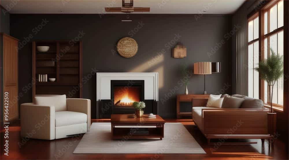 Modern living room interior with a sofa, table, featuring luxury design elements, comfortable furniture and windows that let in natural light. Modern living room interior with a sofa, table, featuring luxury design elements, comfortable furniture and windows that let in natural light.
