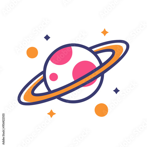 A cute planet with a pink ring on a starry background