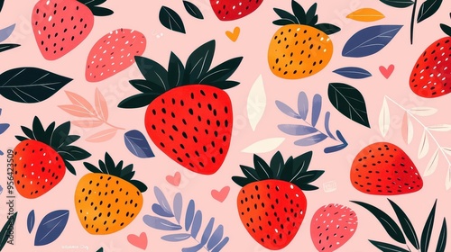 Colorful strawberry pattern on a pink background with leaves and hearts.
