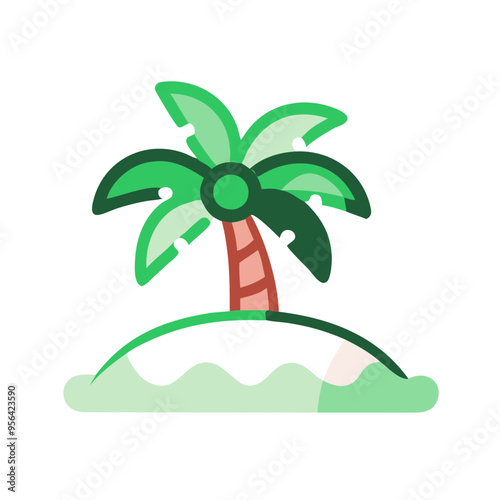 A cartoon tropical island with palm trees of green and blue colors, symbolizing a paradise vacation