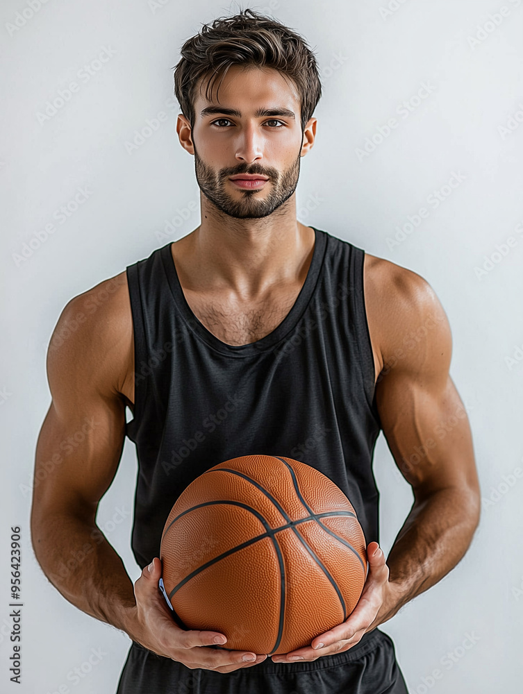 A male athlete in sportswear, holding a basketball, isolated on a white background A male athlete in sportswear, holding a basketball, isolated on a white background