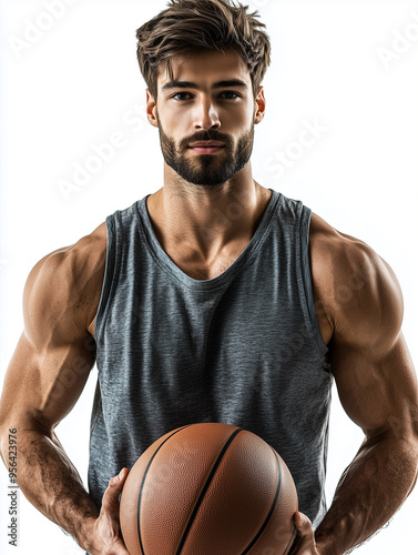 A male athlete in sportswear, holding a basketball, isolated on a white background photo