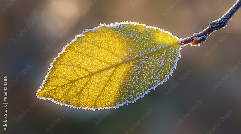 Frosted winter leaf of blackthorn or sloe shrub Prunus spinosa Rosaceae Macro close up of bright yellowgreenish leaf backlit by low sunlight with ice crystals isolated on blurred backg : Generative AI Frosted winter leaf of blackthorn or sloe shrub Prunus spinosa Rosaceae Macro close up of bright yellowgreenish leaf backlit by low sunlight with ice crystals isolated on blurred backg : Generative AI