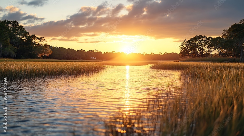 Fototapeta premium These photos depict sunrise and sunset over the marsh and water in Lowcountry Charleston South Carolina The exact location is Buck Hall Recreational center and Boat Ramp : Generative AI