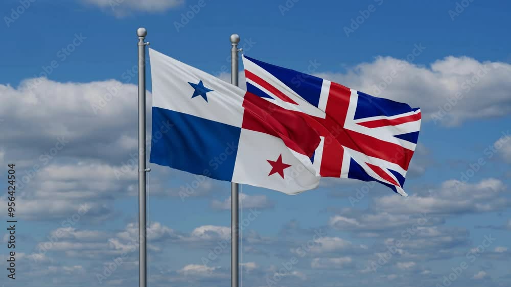 United Kingdom and Panama flags flying together, video concept of the relationship, two country cooperation concept United Kingdom and Panama flags flying together, video concept of the relationship, two country cooperation concept