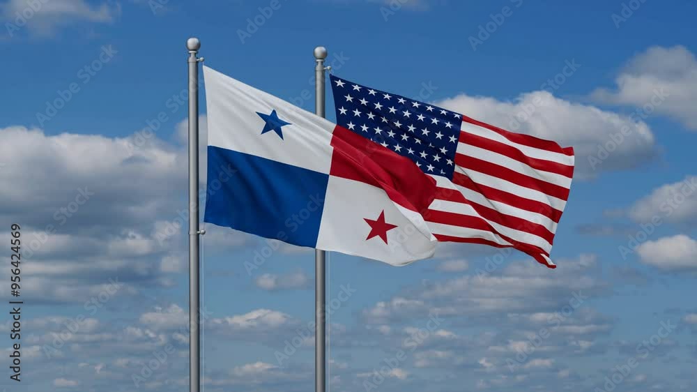 USA and Panama flags flying together, video concept of the relationship, two country cooperation concept USA and Panama flags flying together, video concept of the relationship, two country cooperation concept