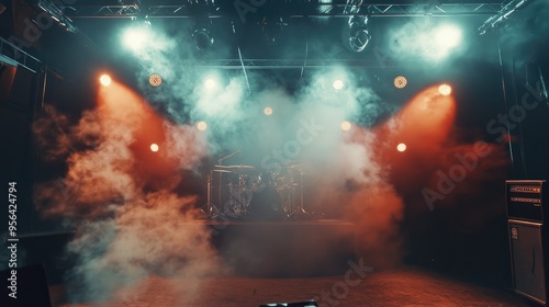 Rock concert stage with energetic spotlights and smoke, capturing the electrifying atmosphere of live music