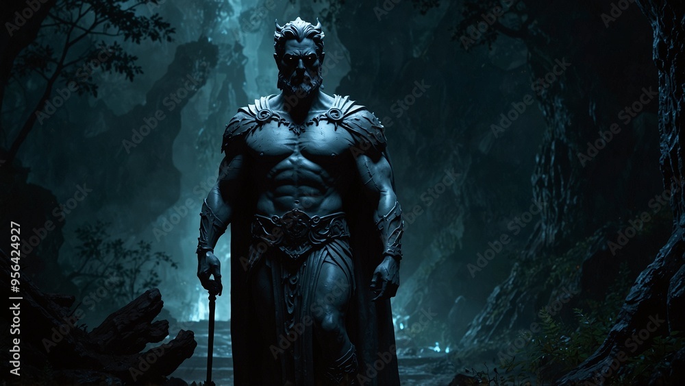 A statue of Hades standing at the entrance of a dark cave, with a shadowy forest in the background.