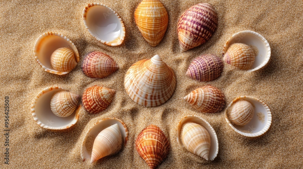 Shells arranged in a circular pattern on fine beach sand, capturing the beauty of seaside finds. Shells arranged in a circular pattern on fine beach sand, capturing the beauty of seaside finds.