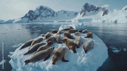 Antarctica wild nature aerial landscape Big weddell seals colony lying on snow iceberg Sea leopard animals in polar ocean Travel explore wildlife Ecology climate change global warming  : Generative AI photo