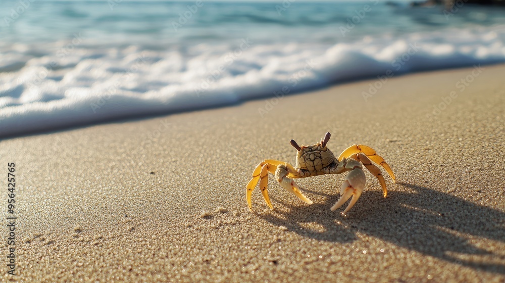Smooth beach sand with a small crab making its way toward the ocean, symbolizing coastal wildlife. Smooth beach sand with a small crab making its way toward the ocean, symbolizing coastal wildlife.