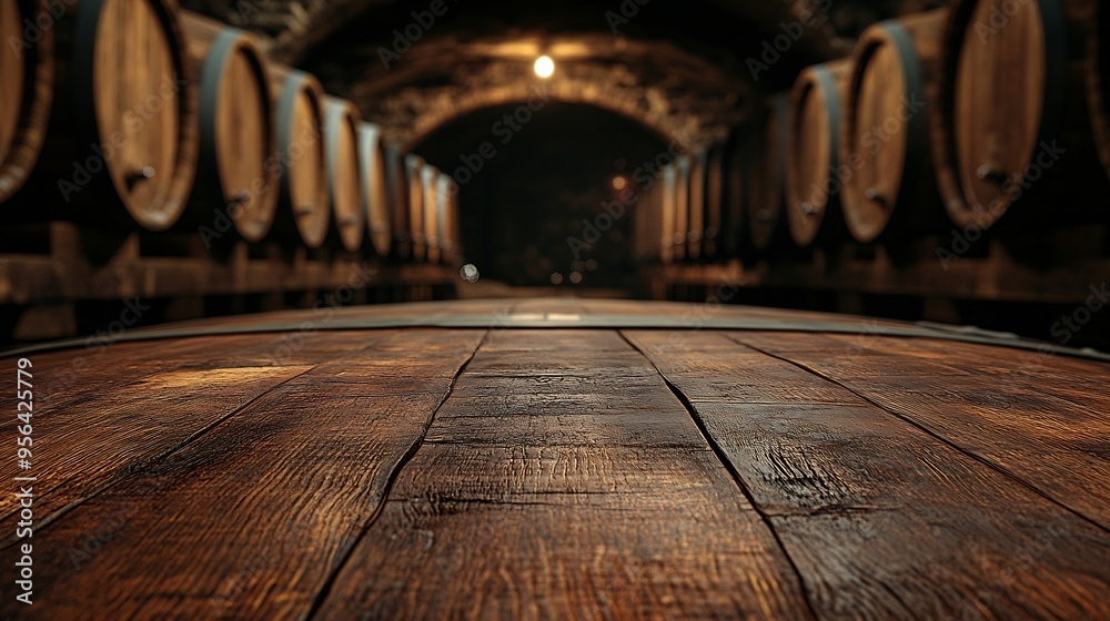 table background of free space for your wine bottle or food on top and dark retro interior of barrels High quality photo : Generative AI table background of free space for your wine bottle or food on top and dark retro interior of barrels High quality photo : Generative AI