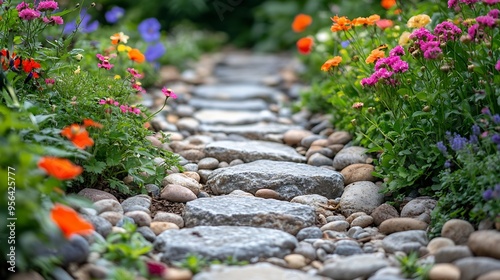 rock path leading through a flower garden : Generative AI