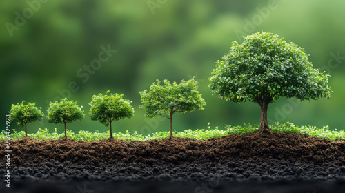 Tree Growing Over Time: A sequence showing the stages of a tree growing from a small sapling to a towering tree, symbolizing long-term growth and stability.