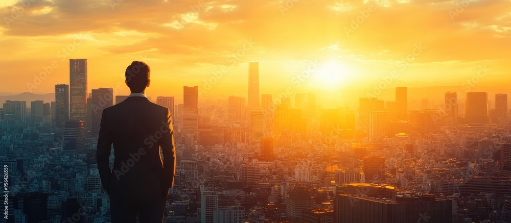 Businessman Overlooking City Skyline at Sunset with Vibrant Orange and Yellow Sky Businessman Overlooking City Skyline at Sunset with Vibrant Orange and Yellow Sky