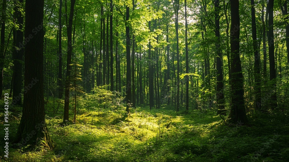 A wide shot of a lush green forest, full of life and vibrant greenery A wide shot of a lush green forest, full of life and vibrant greenery