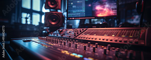 Modern studio control desk. Recording or sound DJ proffesional system. sound equipment for concert.