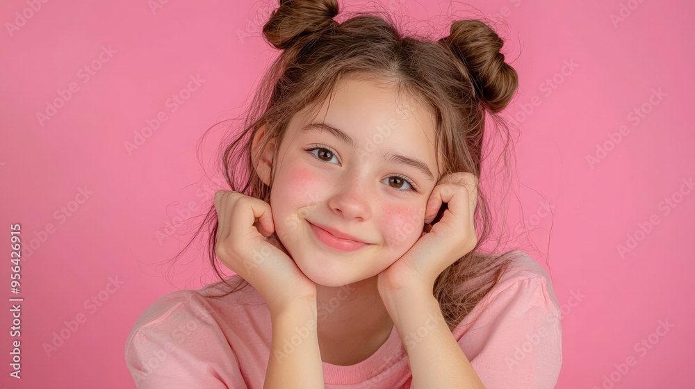 Portrait of a Smiling Teenage Girl with Messy Hair and Rosy Cheeks on a Pink Background, Holding Her Hands to Her Face Portrait of a Smiling Teenage Girl with Messy Hair and Rosy Cheeks on a Pink Background, Holding Her Hands to Her Face