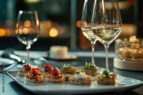 White Wine Glasses. Fine Dining. Starter Appetizers Canapé Hors d'oeuvre Amuse-gueule Antipasto. Elegant Table Setting. 