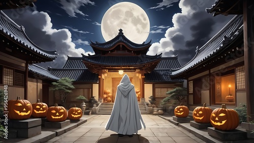 Mysterious scene with hooded figure and Japanese buildings under full moon, pumpkins scattered. Perfect for Halloween or spookythemed designs. photo