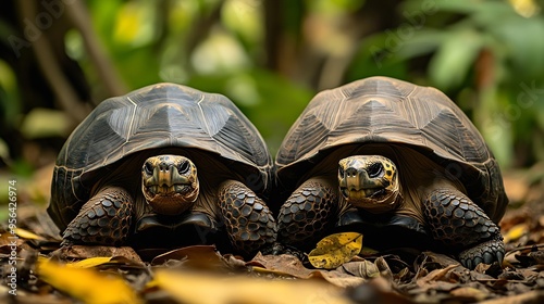 Couple of endemic Seychelles giant tortoise Aldabrachelys gigantea hololissa in Victoria Botanical Gardens : Generative AI photo