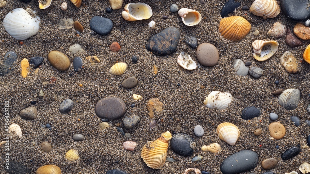 Textured beach sand with small pebbles and shells, showing the diversity of natural coastal elements.