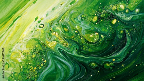 A vibrant green abstract art piece with swirling patterns and dynamic brushstrokes photo