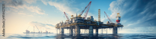 Offshore oil and gas platform in ocean. Petroleum platforms or crane.wide banner