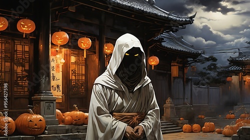 Mysterious scene with hooded figure and Japanese buildings under full moon, pumpkins scattered. Perfect for Halloween or spookythemed designs. photo