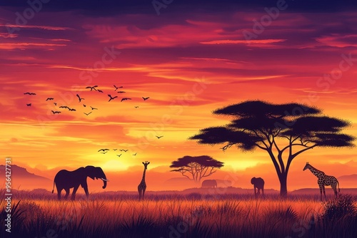 A serene sunset landscape featuring elephants and giraffes in a vibrant natural setting.