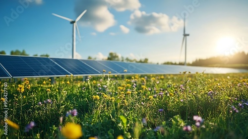 Green energy harvest with windmill and solar panels for ecogreen sustainable concept : Generative AI photo