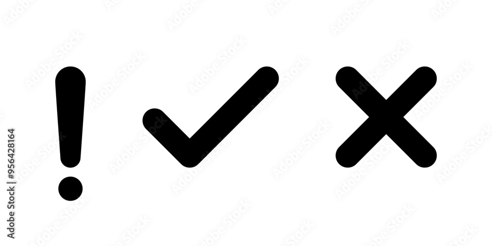 Exclamation mark, tick, and cross icon. Warning, checkmark, and x sign symbol Exclamation mark, tick, and cross icon. Warning, checkmark, and x sign symbol
