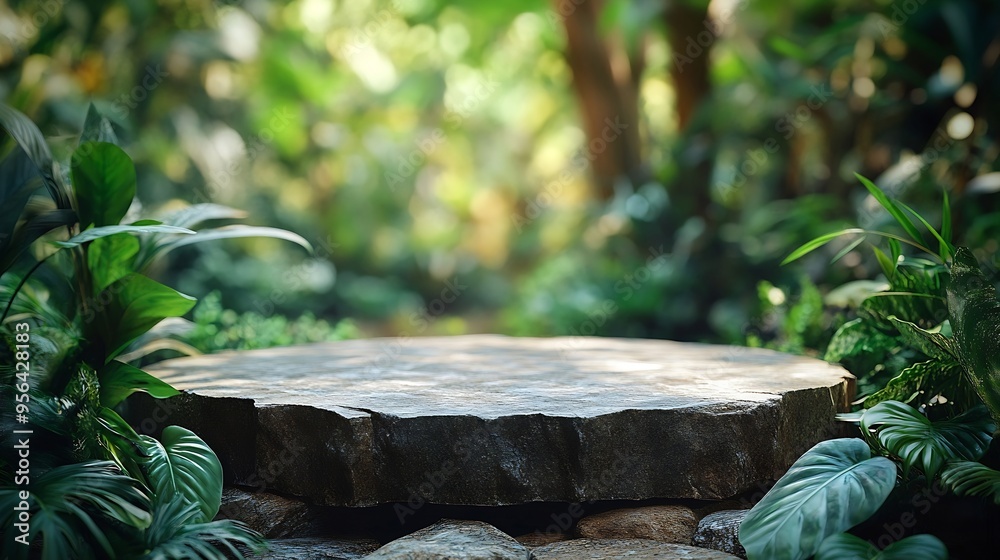 Stone tabletop podium floor in outdoors tropical garden forest blurred green leaf plant nature backgroundNatural product placement pedestal stand displayjungle paradise concept : Generative AI Stone tabletop podium floor in outdoors tropical garden forest blurred green leaf plant nature backgroundNatural product placement pedestal stand displayjungle paradise concept : Generative AI