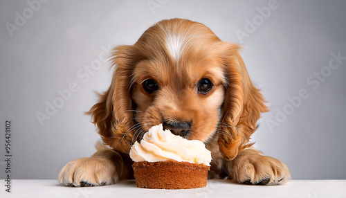baby cocker spaniel eating cake