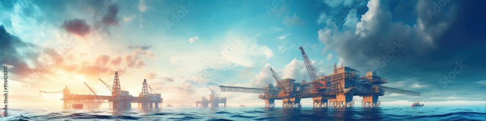 Offshore oil and gas platform in ocean. Petroleum platforms or crane.wide banner Offshore oil and gas platform in ocean. Petroleum platforms or crane.wide banner