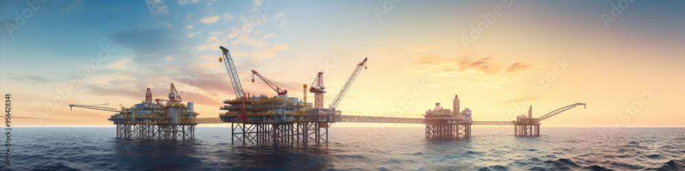 Obraz premium Offshore oil and gas platform in ocean. Petroleum platforms or crane.wide banner
