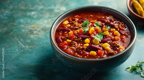 Chili con carne on colour background with hard shadow Mexican chili in minimal style on green table Traditional mexican cuisine on trendy design Chili soup in bowl contemporary concept : Generative AI