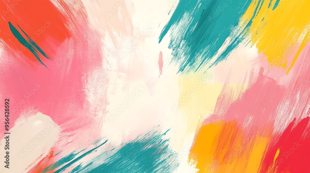 Obraz premium Abstract background with colorful brushstrokes in shades of pink, orange, yellow, and teal.