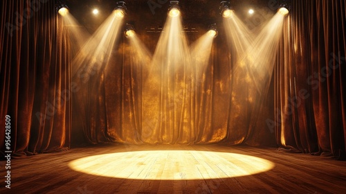 Vintage theater stage with classic spotlights casting warm, golden light on the velvet curtains.