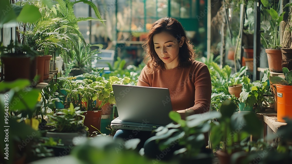 A woman sits comfortably with a laptop engaged in work surrounded by lush home gardening : Generative AI A woman sits comfortably with a laptop engaged in work surrounded by lush home gardening : Generative AI