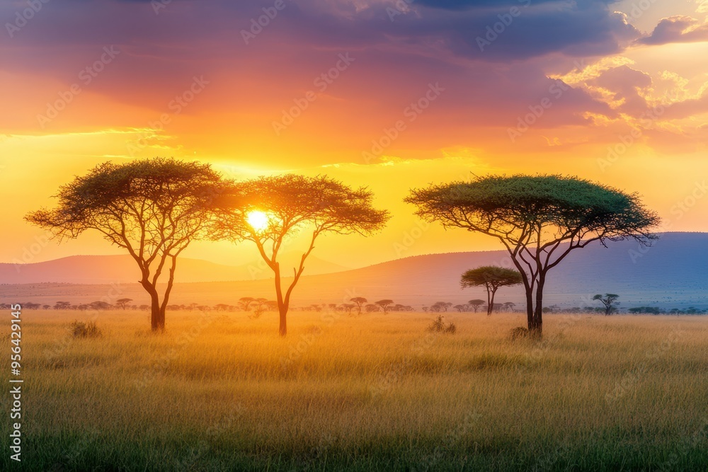 A serene sunset over a savannah landscape with acacia trees silhouetted against the sky. A serene sunset over a savannah landscape with acacia trees silhouetted against the sky.