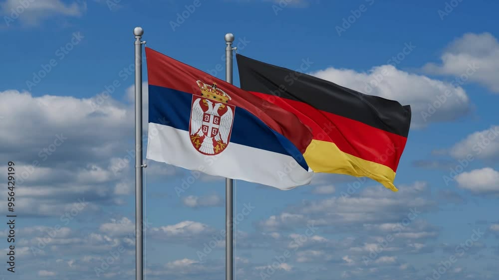 Germany and Serbia flags flying together, video concept of the relationship, two country relations concept Germany and Serbia flags flying together, video concept of the relationship, two country relations concept