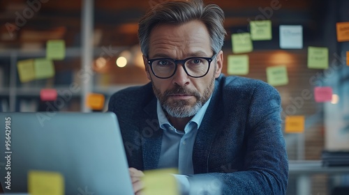 Mature businessman with glasses concentrates on his laptop at a wellorganized office desk with sticky notes in the background : Generative AI