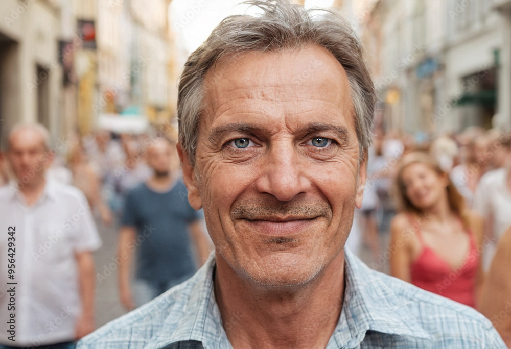 Mature man with grey hair happily strolling through town on a spring or summer afternoon, grinning and enjoying his weekend. Mature man with grey hair happily strolling through town on a spring or summer afternoon, grinning and enjoying his weekend.