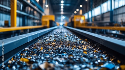 Conveyor belt transporting refusederived fuel RDF with motion blur effect in an industrial recycling facility highlighting the dynamic waste sorting and processing system for renewable : Generative AI photo