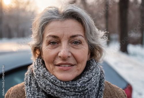 Mature woman with grey hair, smiling in good mood, standing outside by her car on a cold winter day, enjoying nature and sunshine.