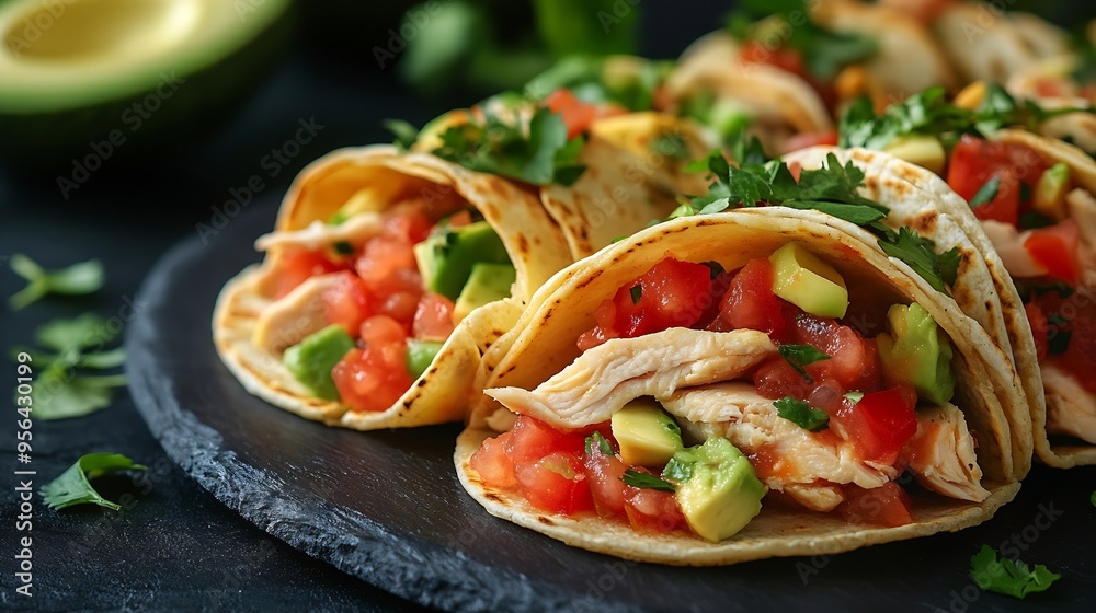 Mini tortillas with tomato salsa avocado and boiled chicken Front view : Generative AI Mini tortillas with tomato salsa avocado and boiled chicken Front view : Generative AI