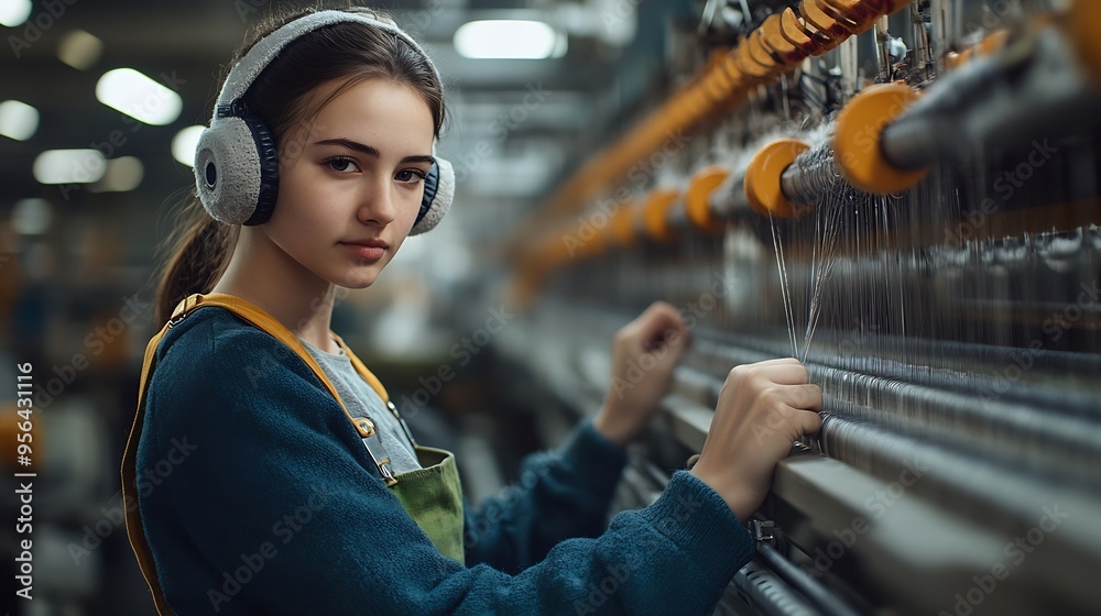 Textile industry Factory worker with earmuffs standing by large industrial knitting machine and checking threads : Generative AI