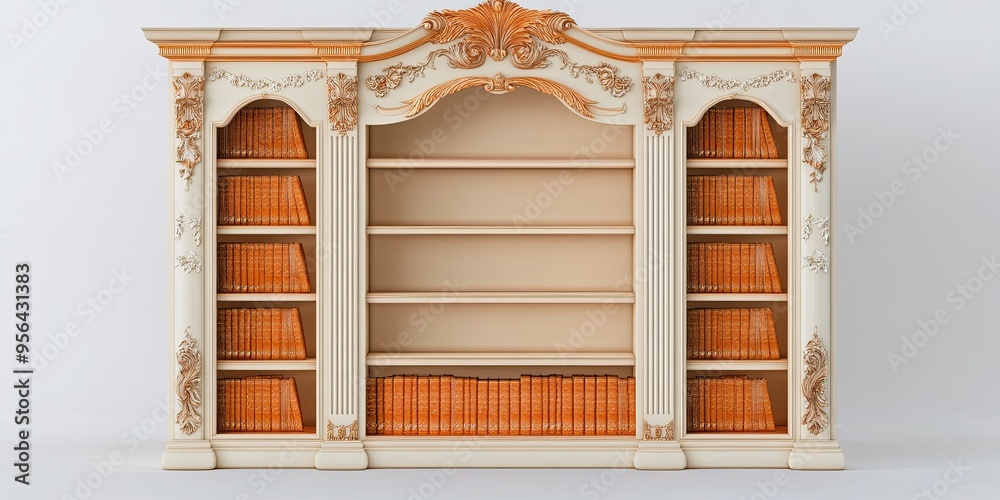 luxury cream and orange wooden bookshelf with floral ornament sliding door on white background luxury cream and orange wooden bookshelf with floral ornament sliding door on white background