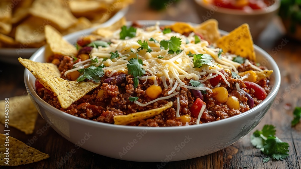 Chilli con Carne with tortilla chips and cheese in white bowl Mexican food : Generative AI Chilli con Carne with tortilla chips and cheese in white bowl Mexican food : Generative AI